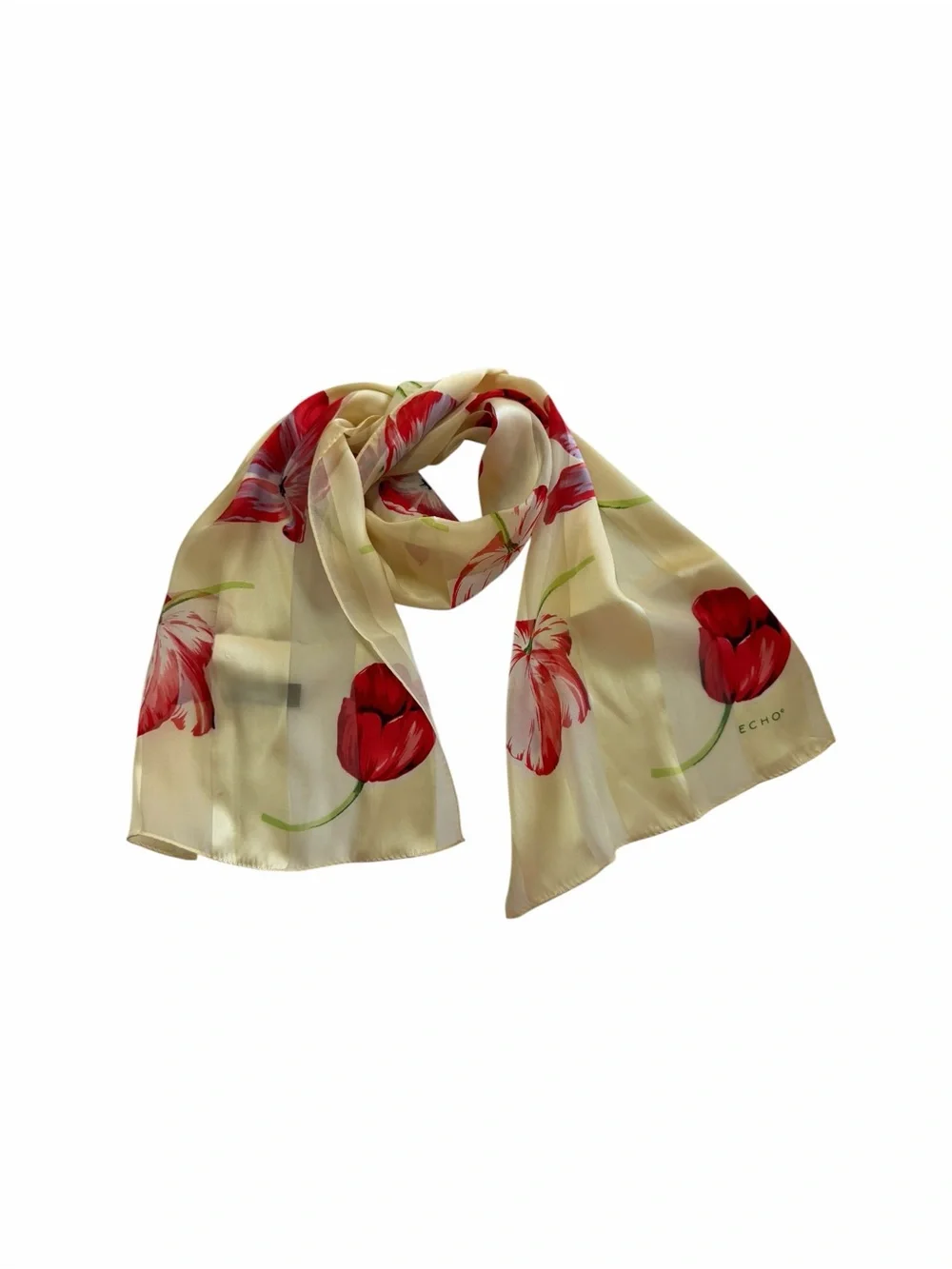 Vintage ECHO Cream Floral Oblong Silk Scarf Red White Tulip Classic Lightweight